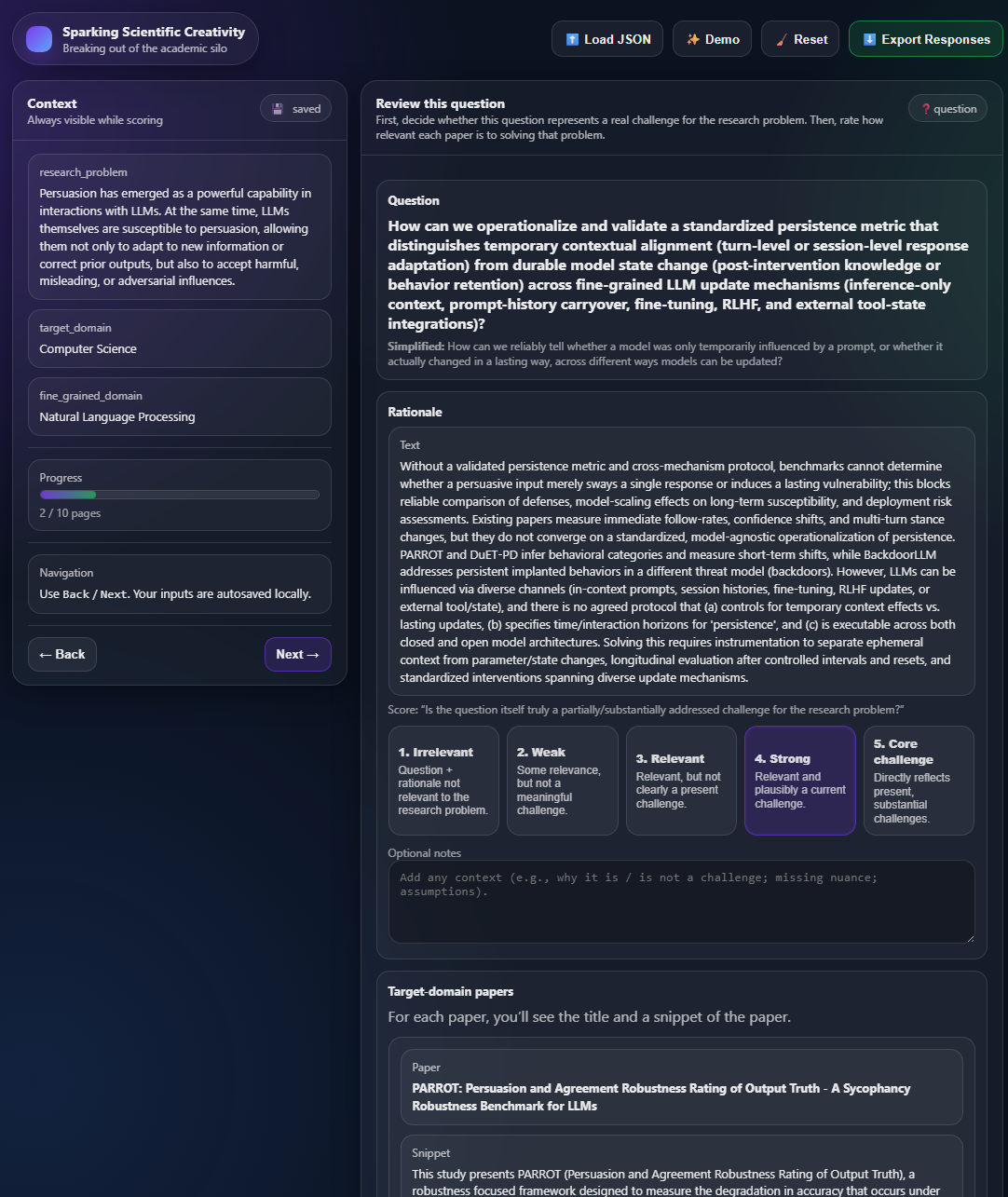 Interface screenshot showing the research problem setup step