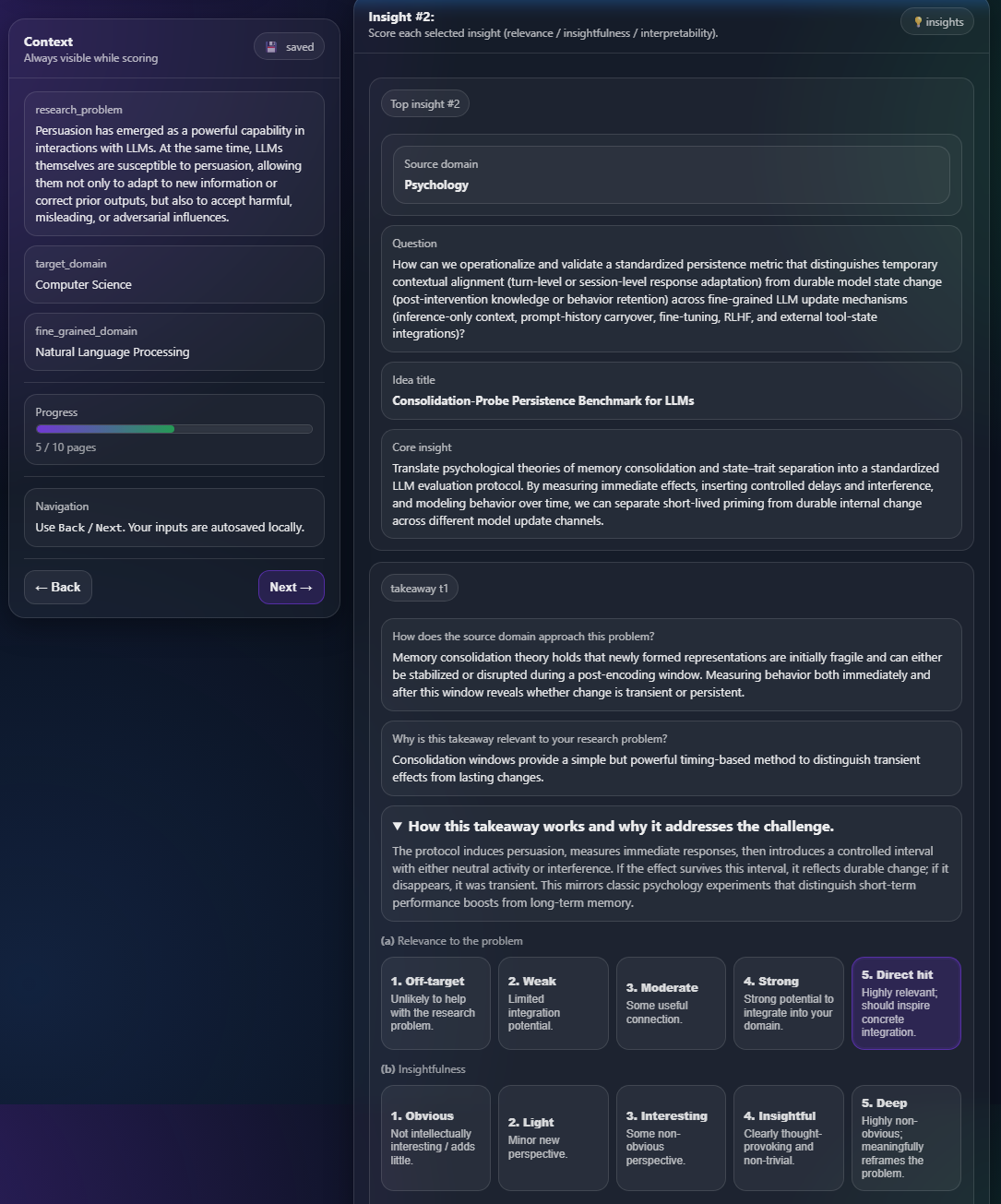 Interface screenshot showing takeaway evaluation
