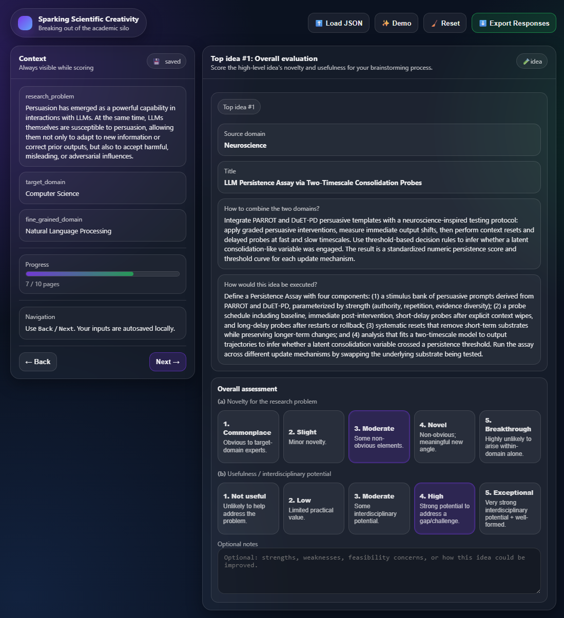 Interface screenshot showing final idea assessment