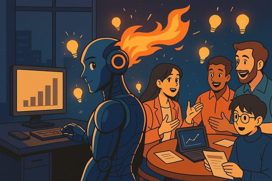 Illustration: an AI agent with a flame of ideas brainstorming with a group of researchers at night